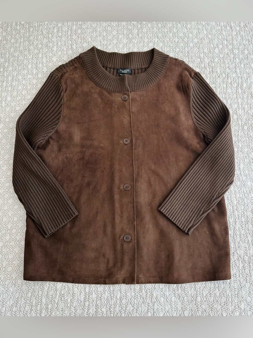 Talbots Pure Merino Wool Chocolate Brown Ribbed Cardigan Suede Leather Size L